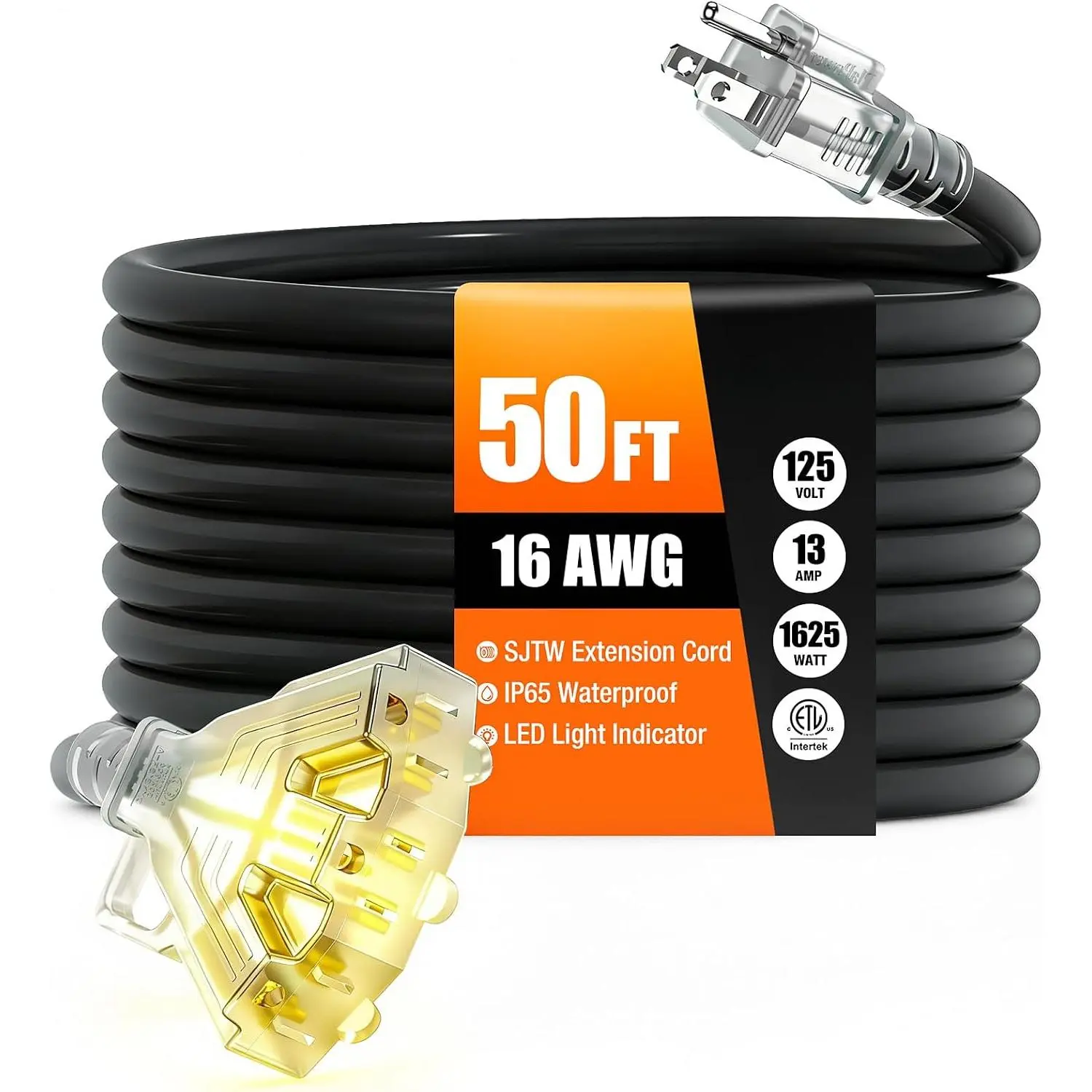 50 FT 16/3 Gauge Outdoor Extension Cord with Multiple Outlets Light Indicator, Flexible 3 Outlets Splitter Weatherproof Heavy Duty Extension Cord Waterproof, 13A 1625W 16AWG SJTW, ETL Listed (Black)