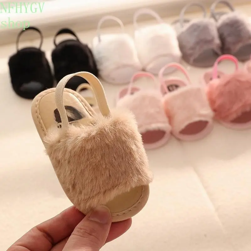 Newborn Baby Furry Slippers With Back Strap, Soft Plush Open‑Toe Pre‑Walker Shoes, Non‑Slip Sole Infant Crib Shoes For Toddler Girls Boys Indoor Home Wear Autumn Winter Daily Casual Outfit