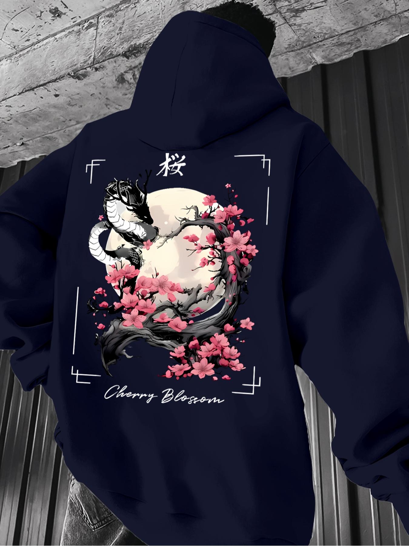 Men's Casual Hooded Sweatshirt, Dragon & Cherry Blossom Floral