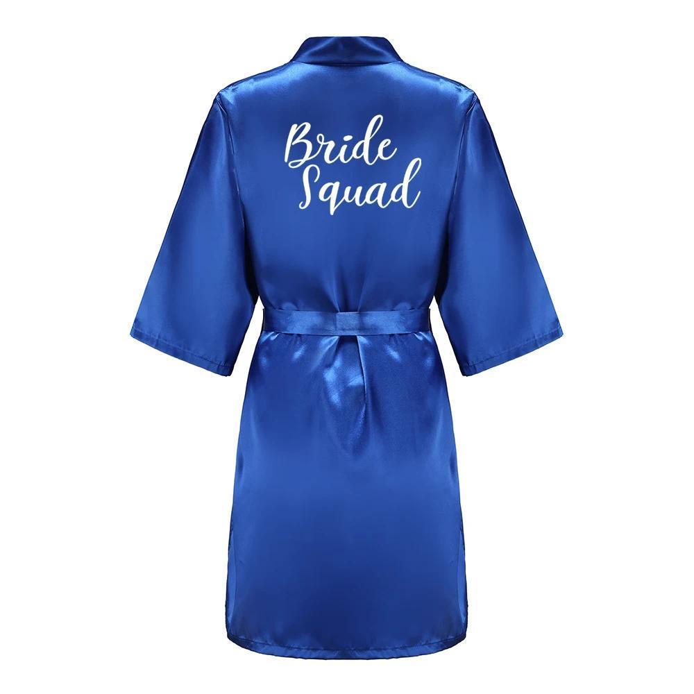 Team Bride Satin Kimono Lounge Robe, Royal Blue Bridesmaid Bathrobe with White Letters, Wedding Party Stress Relief Loungewear