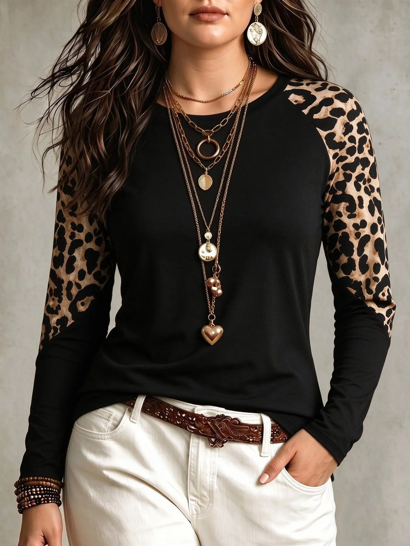 Women's Long Sleeve Top, Western Retro Leopard Print Round Neck T-Shirt Fit, Casual Plus Size Streetwear, Daily Wear Fashion