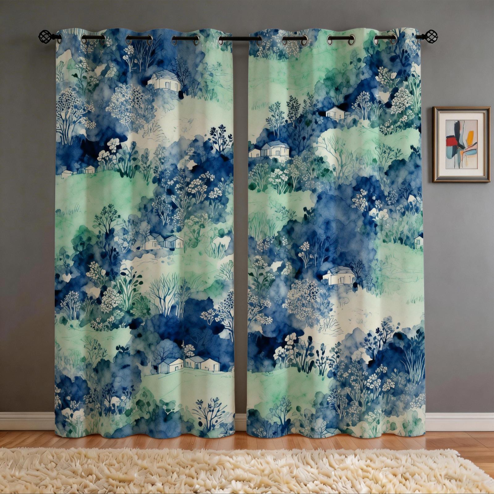 2 Panels Watercolor Landscape Checkered Curtains, HD Digital Printed Blackout Curtains, 85% Light Blocking Rate, Dustproof Decorative Curtains for Bedroom and Living Room
