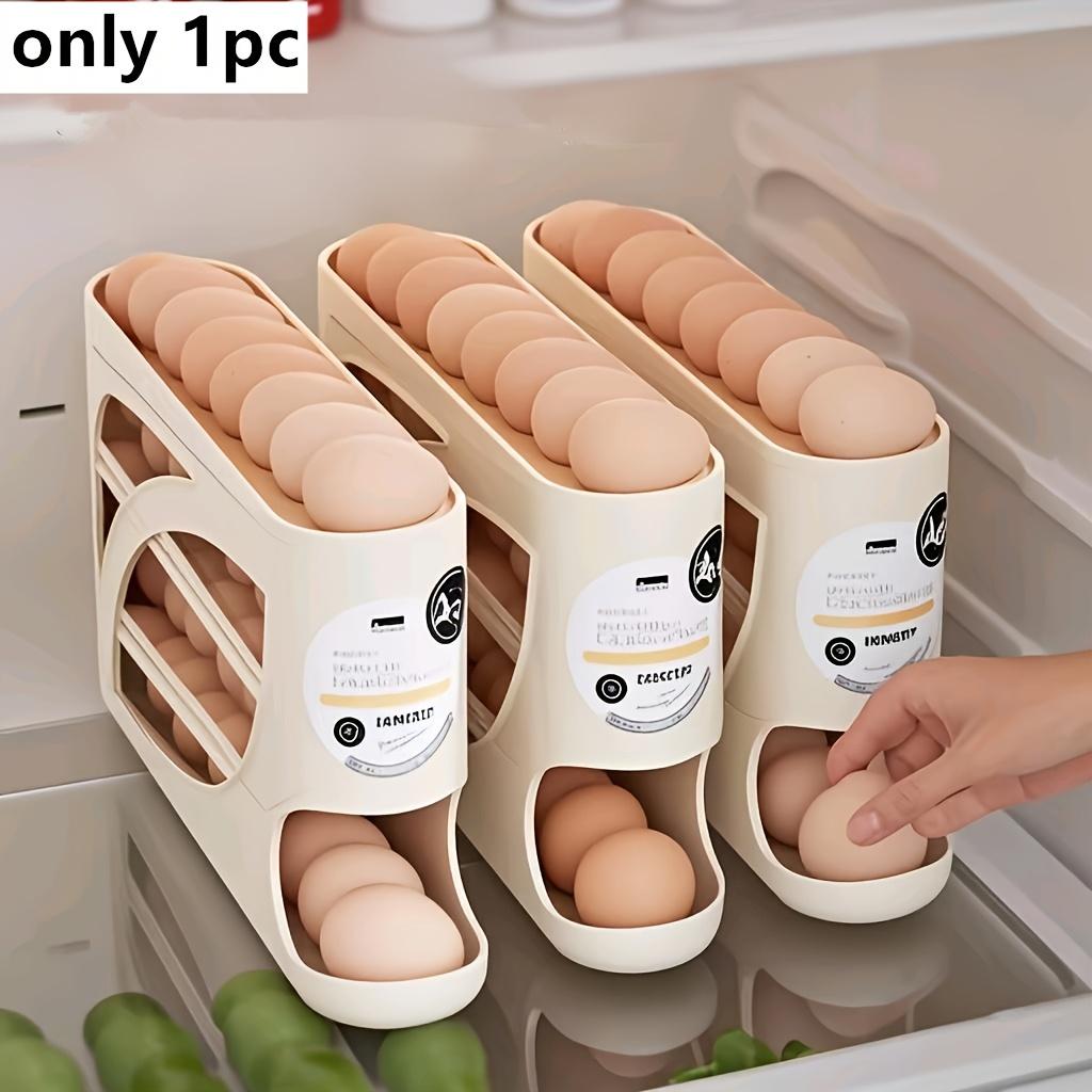 4-Layer Refrigerator Egg Storage Container Holds 32 Eggs, Side Door Design for Kitchen Organization, Automatic Rolling Multi-Layer Large Capacity Egg Tray