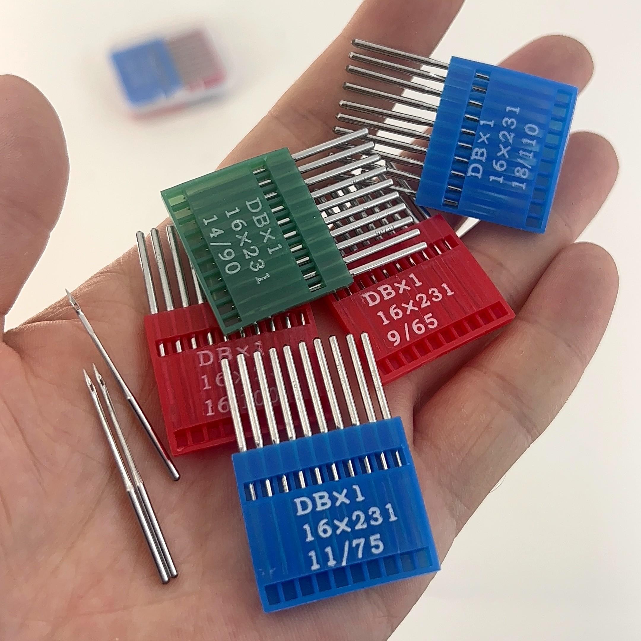 5 Packs of Db Sewing Machine Needles Size 9/65, 11/75, 14/90, 16/100, 18/110 with Transparent Storage Box, Durable Anti-Skip Function for Home and Industrial Use