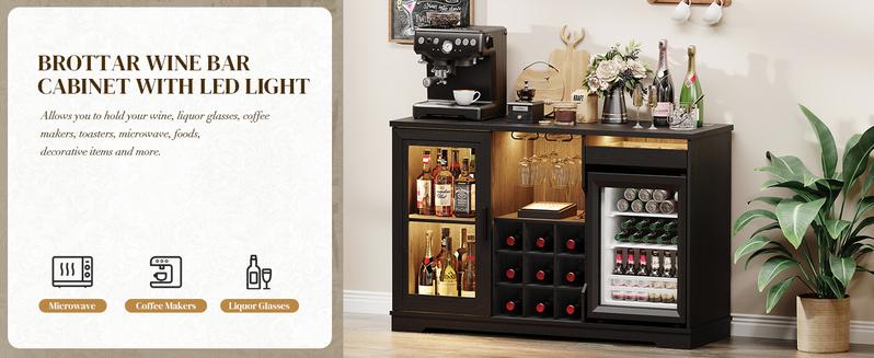 BROTTAR Coffee Bar Cabinet with Fridge, Liquor Cabinet with LED Lights & Glass Holder, Mini Fridge Cabinet with Wine Storage, Human Body Sensor, Sideboard Buffet Table for Kitchen Dining Room, Black