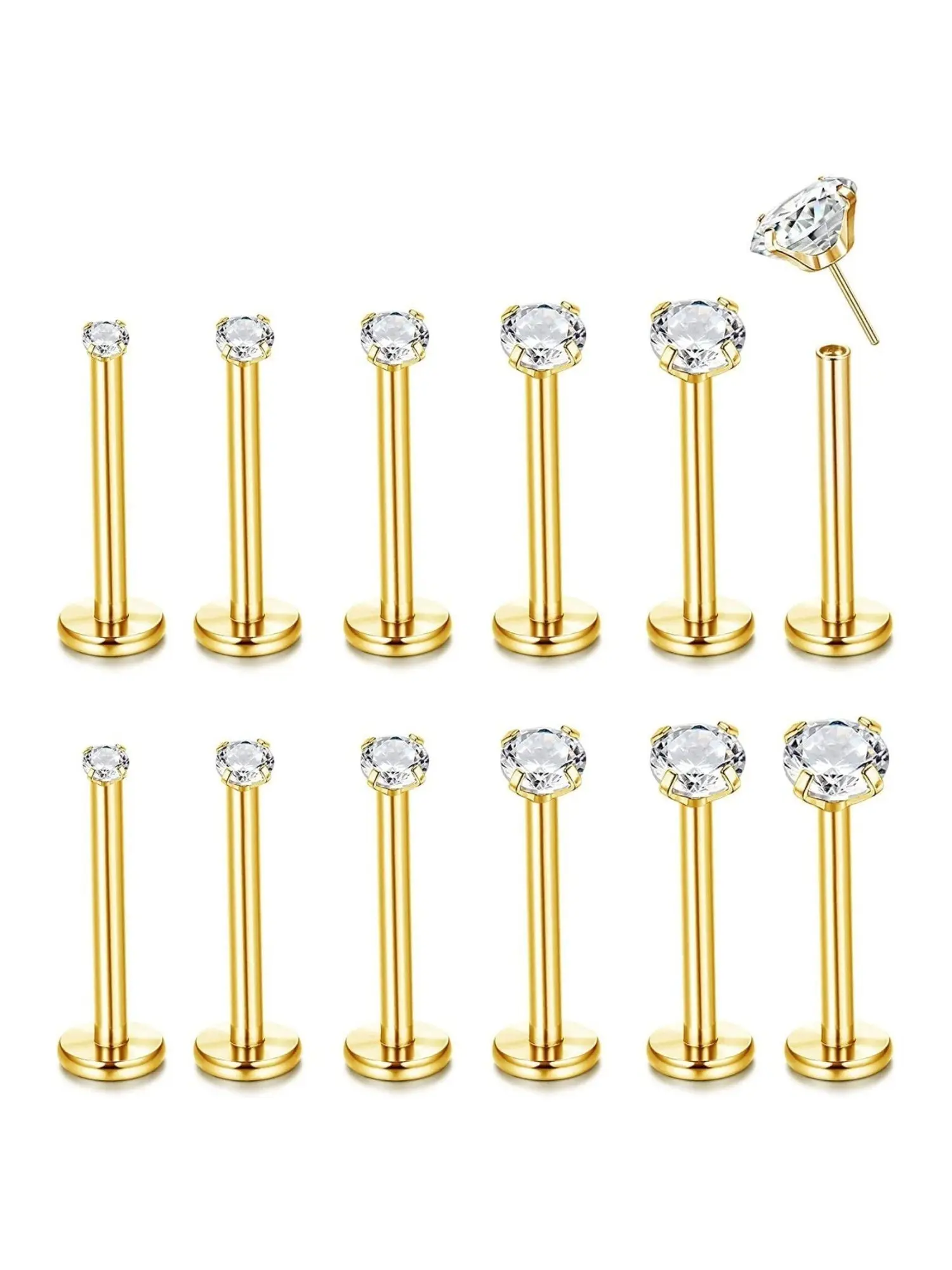 12 Pcs Labret Lip Bars Tragus Earrings, 16g Surgical Steel, Clear Cubic Zirconia, Casual Style, for Women Men, All Seasons
