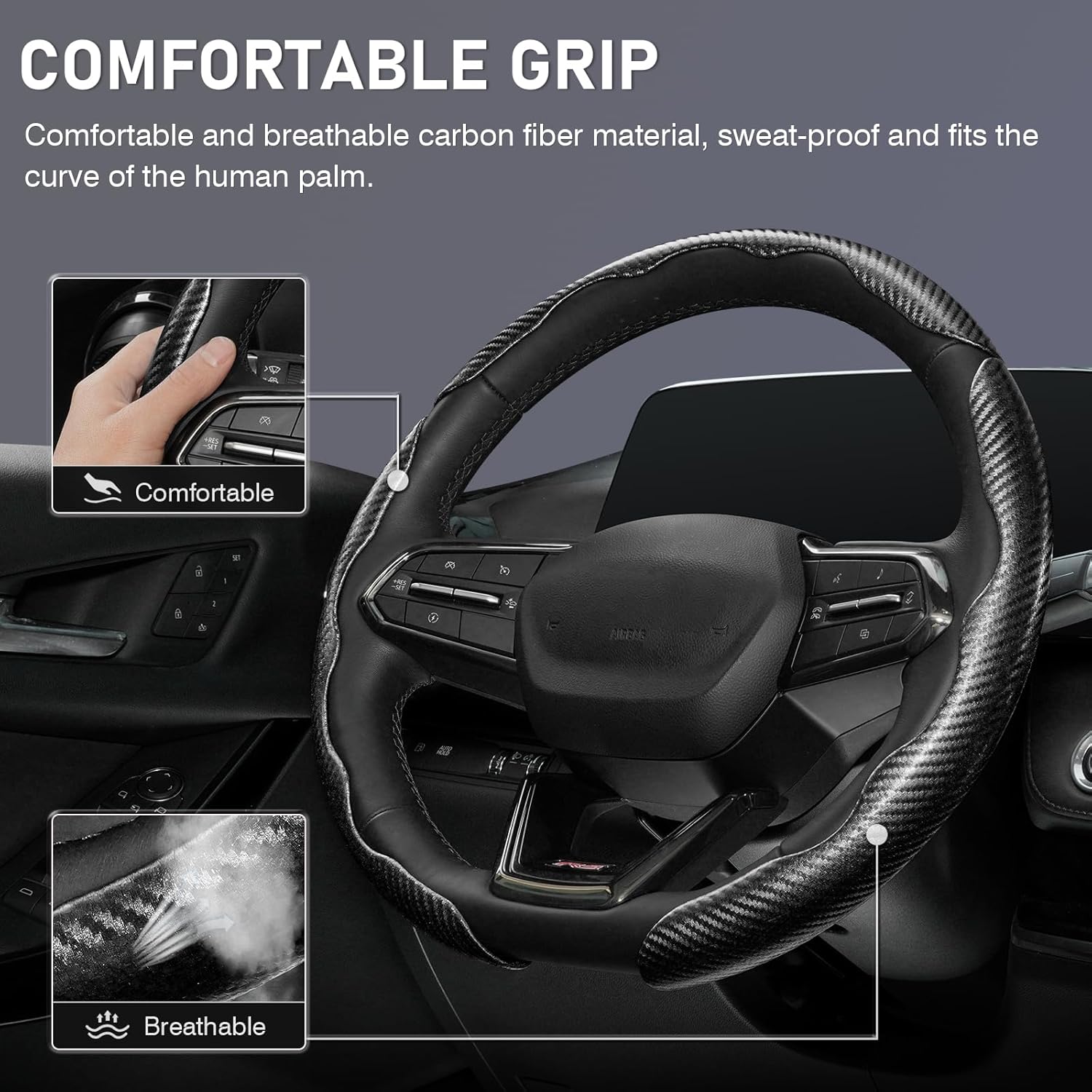 Canvcle 3 Piece Carbon Fiber Steering Wheel Cover, Car Steering Wheel Cover for Men/Women, Anti-Slip, Comfortable Grip, Durable, Universal for 99% Car Interior Accessories