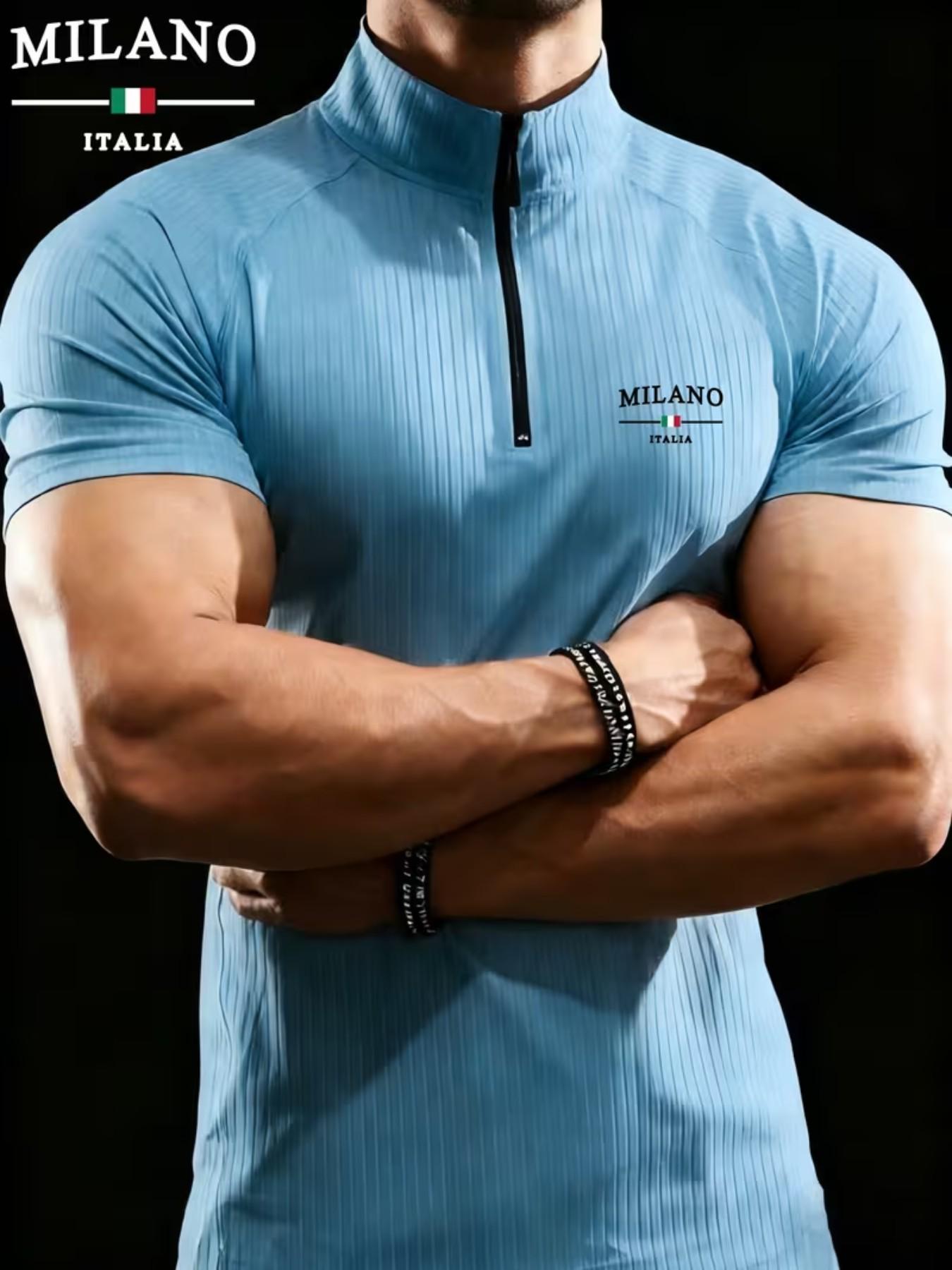 Men's Milano Stand Collar Polo Shirt, Elastic Ribbed Slim Fit Muscle Show, Casual Sportswear, All Seasons, Loose-Fitting, Zipper Design