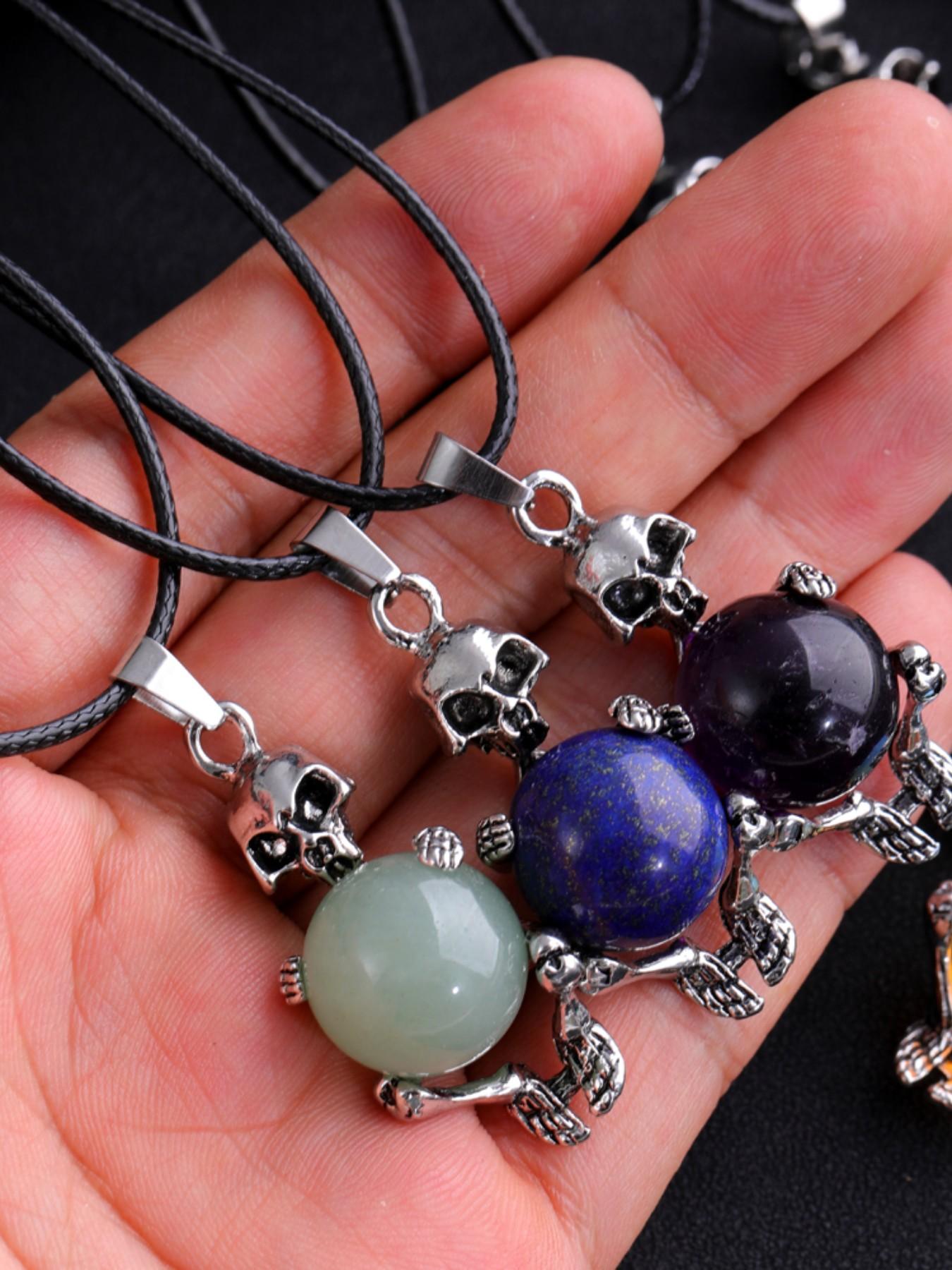 Natural Amethyst Round Bead Pendant Necklace, Bold Skull Design, Unique Fashion Accessory, Trendy European Style Jewelry