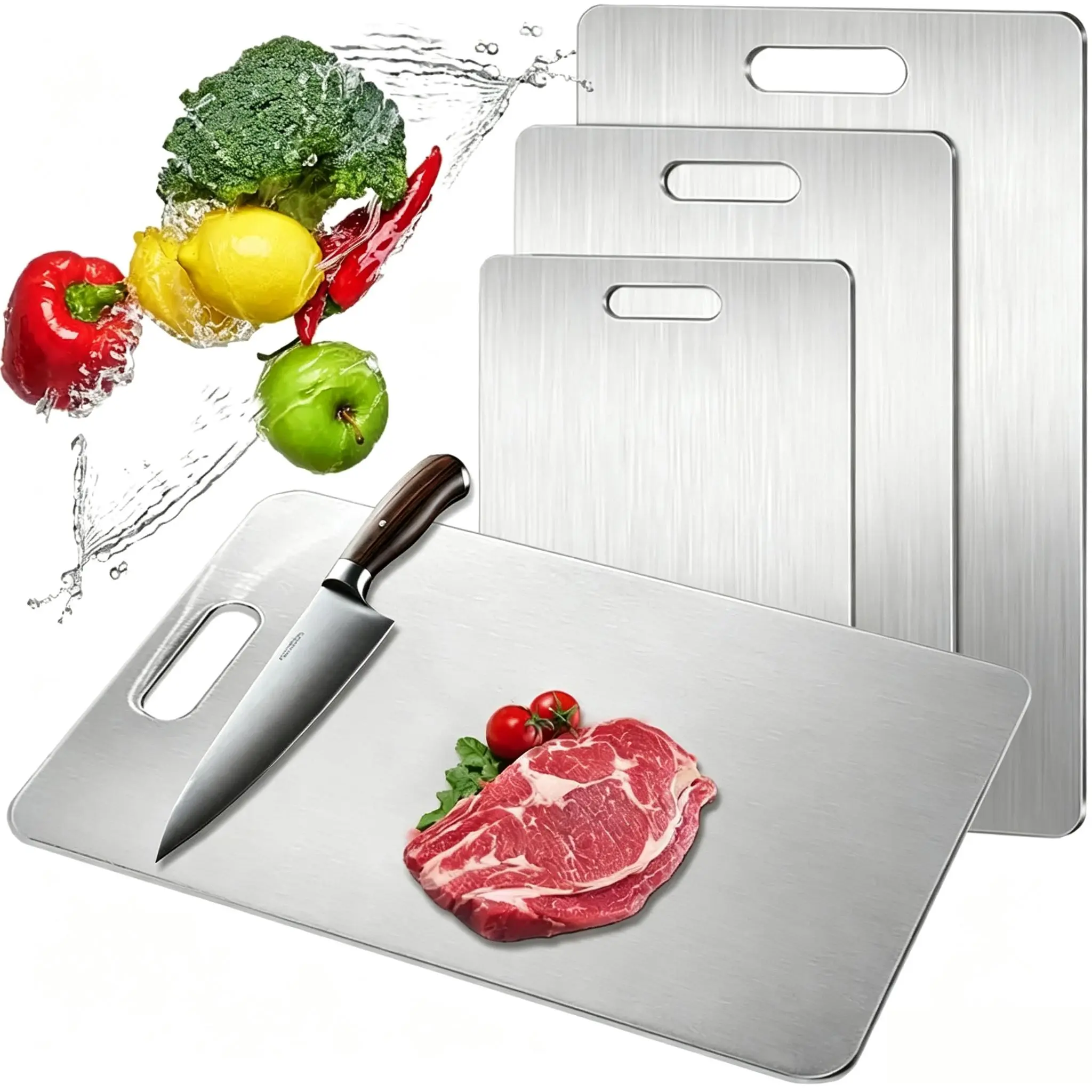 Food-Grade Stainless Steel Chopping Board Set (3PCS, S+M+L Sizes) - Ultrathin, Durable, Portable, Rust-Resistant, Edge-Smoothed, Hygienic Kitchenware for Meat, Vegetables, Easy-Clean Cutting Board
