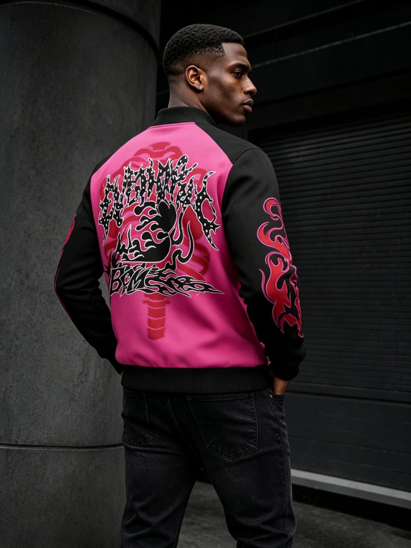 Men's Skull Flame Pattern Zipper Jacket, Retro Graffiti Letter Print, Windproof Baseball Collar, Fall Winter Outerwear
