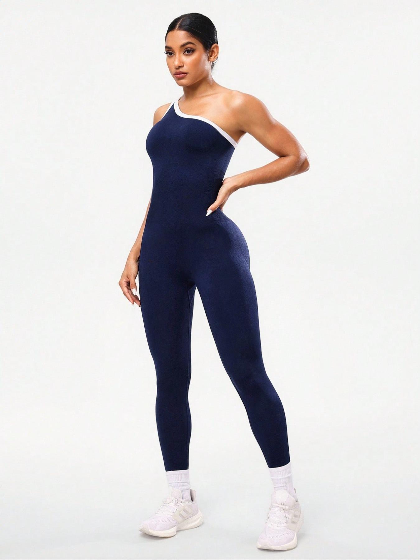 Women's Colorblock Asymmetrical Neck Knit Yoga Jumpsuit, Casual Slim-Fitting Sleeveless Jumpsuit for All Seasons, Sports Jumpsuit, Sporty Jumpsuit