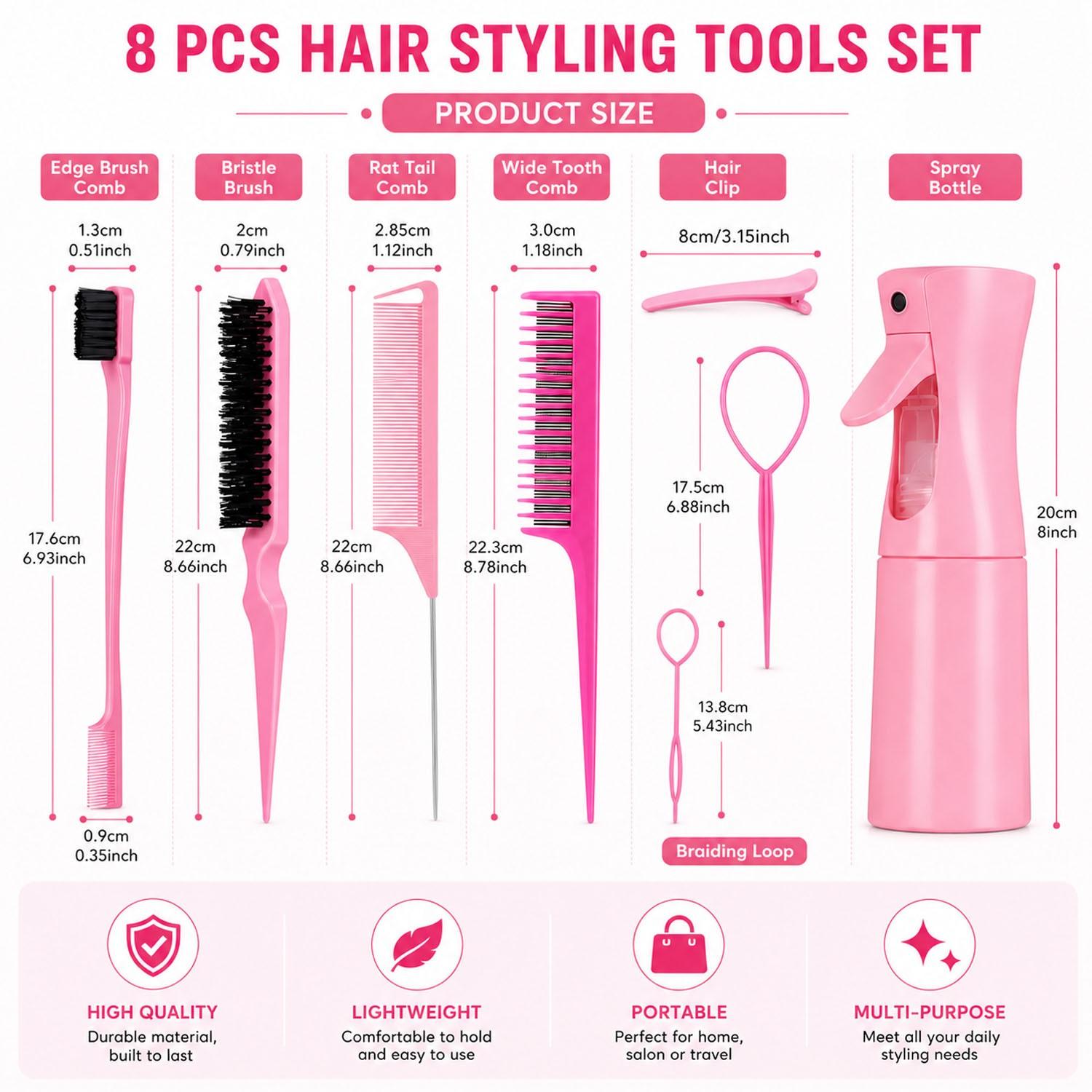10/11PCS Hair Styling Tools Set with Edge Brush, Rat Tail Comb, Smoothing Brush, Hair Clips & Braiding Loop Tools, Slick Back Hair Styling Kit for Parting, Braiding, Detangling, Ponytails & Daily Hair Care, Salon Hair Accessories for Women & Girls