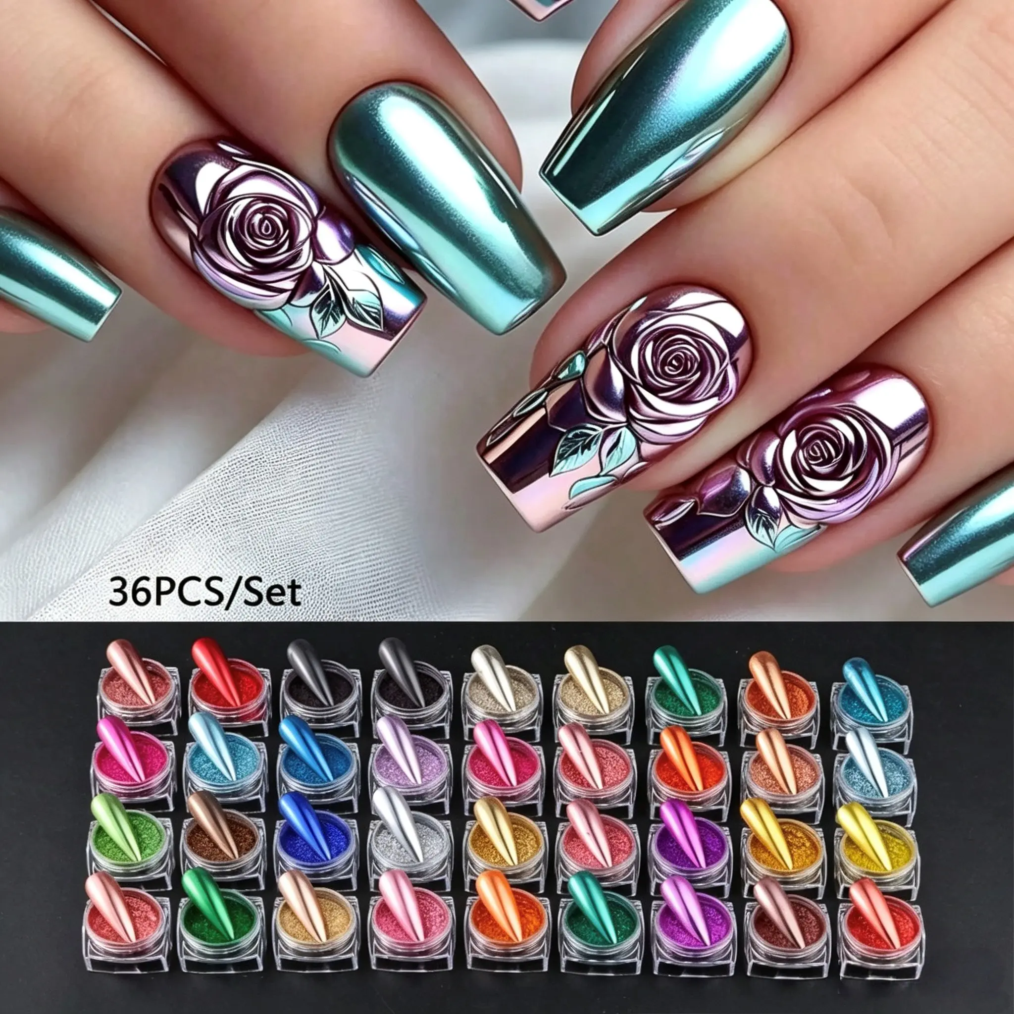 Metallic Mirror Nail Powder Set, 36pcs/set Y2K High Pigmented Flakes Illuminating Iridescent Glitter Nail Art Powder, DIY Nail Art Decoration Supplies, Nail Art Products for Women & Girls