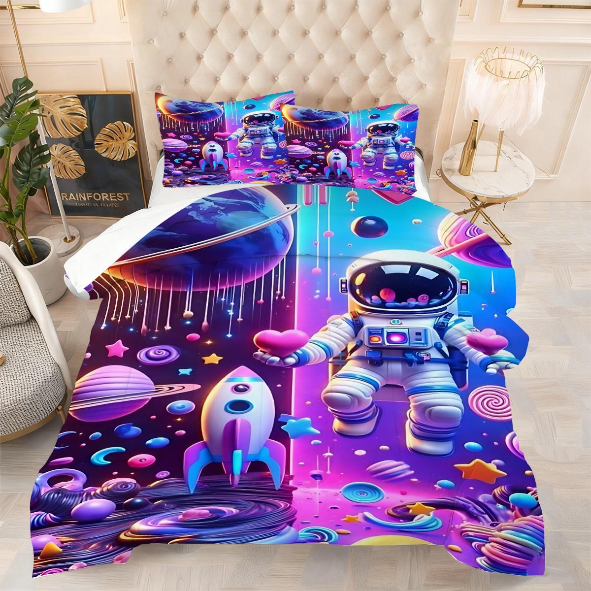 2/3-Piece Astronaut Patterned Comforter Set, Psychedelic Pop Style Bedding Set, Delicate Patterned Soft Quilted Bedspread, Perfect for Adding A Lively Atmosphere to Your Bedroom or Room, Including 1 or 2 Pillowcases, No Pillow Core