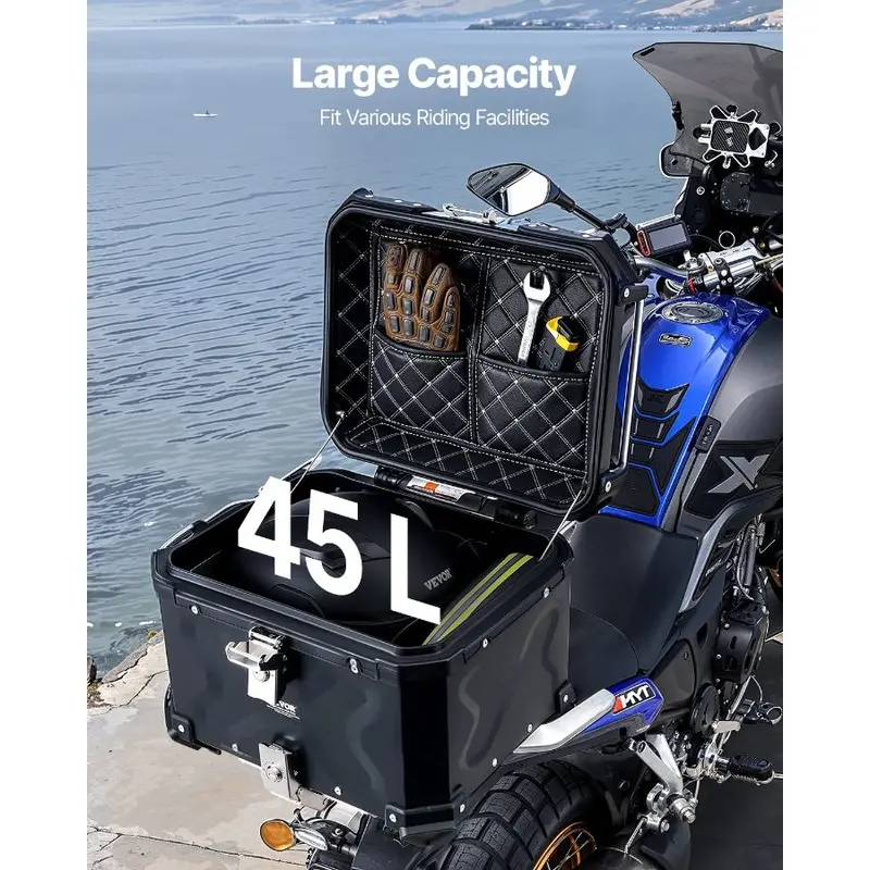 VEVOR Universal Fit Aluminum Alloy Motorcycle Top Case, 45L Waterproof Lockable Tail Storage Box with Leather Lining, Detachable Back Cushion, Compatible with 99% of Motorcycle Frames