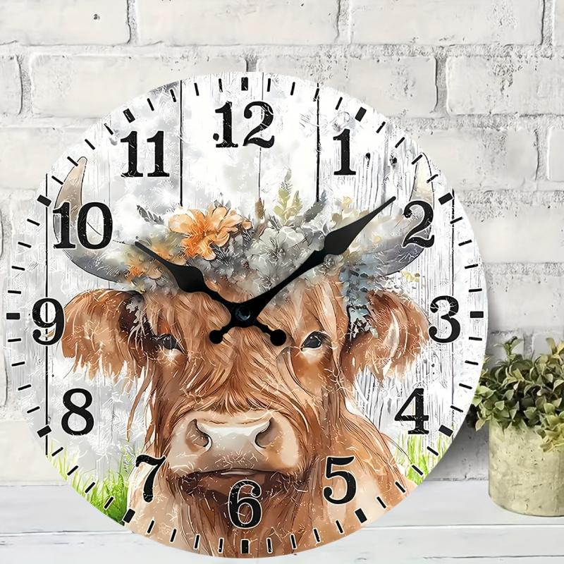 Vintage Flowers Scottish Highland Cow Wall Clock with Floral Pattern - Silent Non-Ticking Wooden Digital Clock, Creative Decorative Clock, for home decor, Rustic Home Gift (AA Batteries Not Included), Large Digital Display