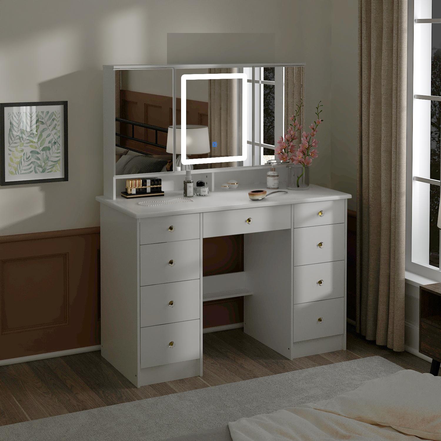 FUFUGAGA-43.3"W Vanity Desk With 9 Drawers, Makeup Desk With 3-Mirror And Touch Screen Light, Dressing Makeup Table For Bedroom