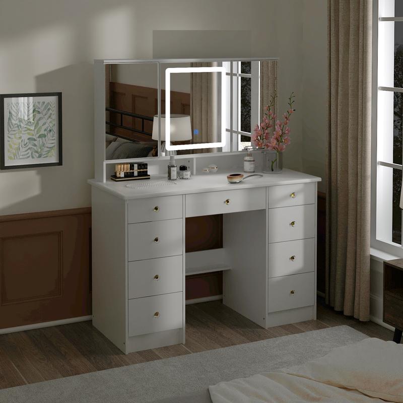 FUFUGAGA-43.3"W Vanity Desk With 9 Drawers, Makeup Desk With 3-Mirror And Touch Screen Light, Dressing Makeup Table For Bedroom
