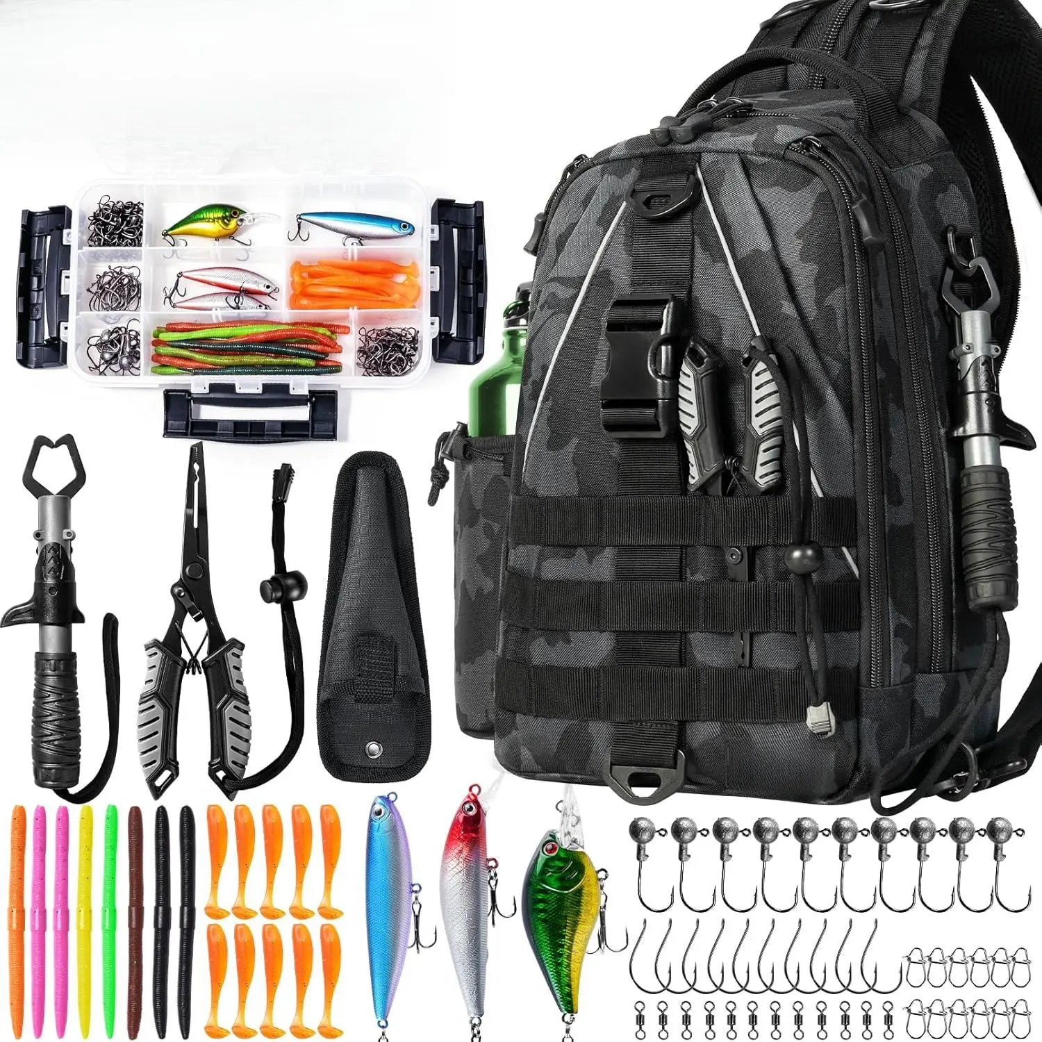 Fishing Tackle Backpack with Tackle Boxes Rod Holder Fishing Bag |   Waterproof Fishing Tackle Bag with Lip Gripper, Pliers, Lures and Tackle Accessories Fishing Kit Gifts for Anglers Sling