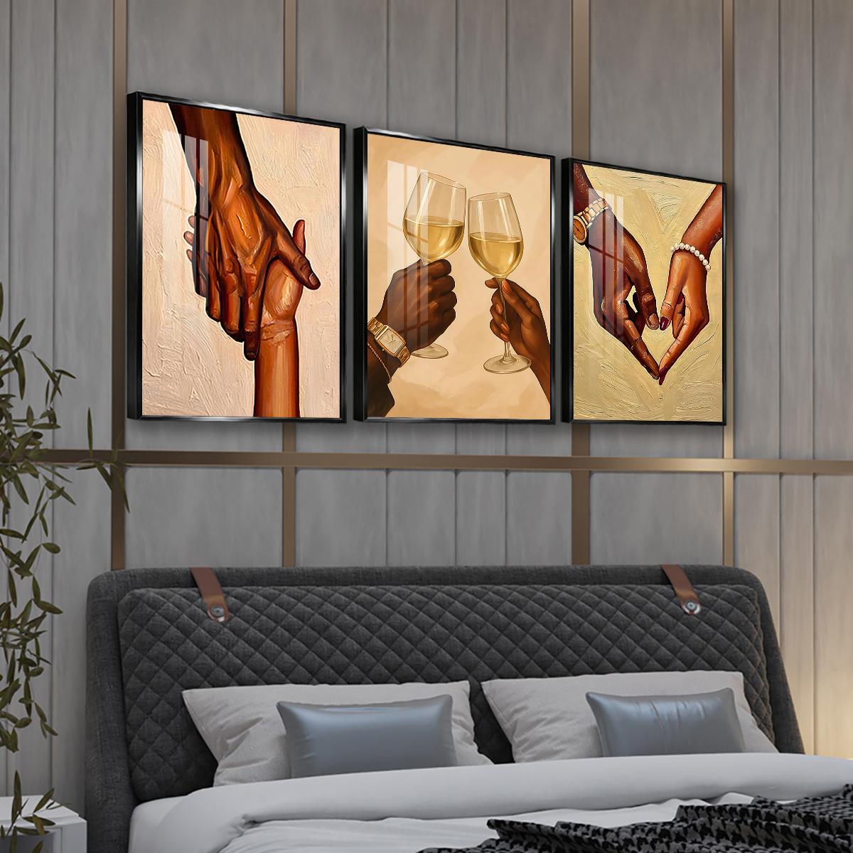 3 Counts Aluminum Alloy Framed Painting, Romantic Couple Hands And Wine Glass Canvas Art, Home Decoration For Living Room, Bedroom, Office, Restaurant, Hallway Wall Decor, Odorless Print Artwork, Luxury Perfect Gift For Friends And Family