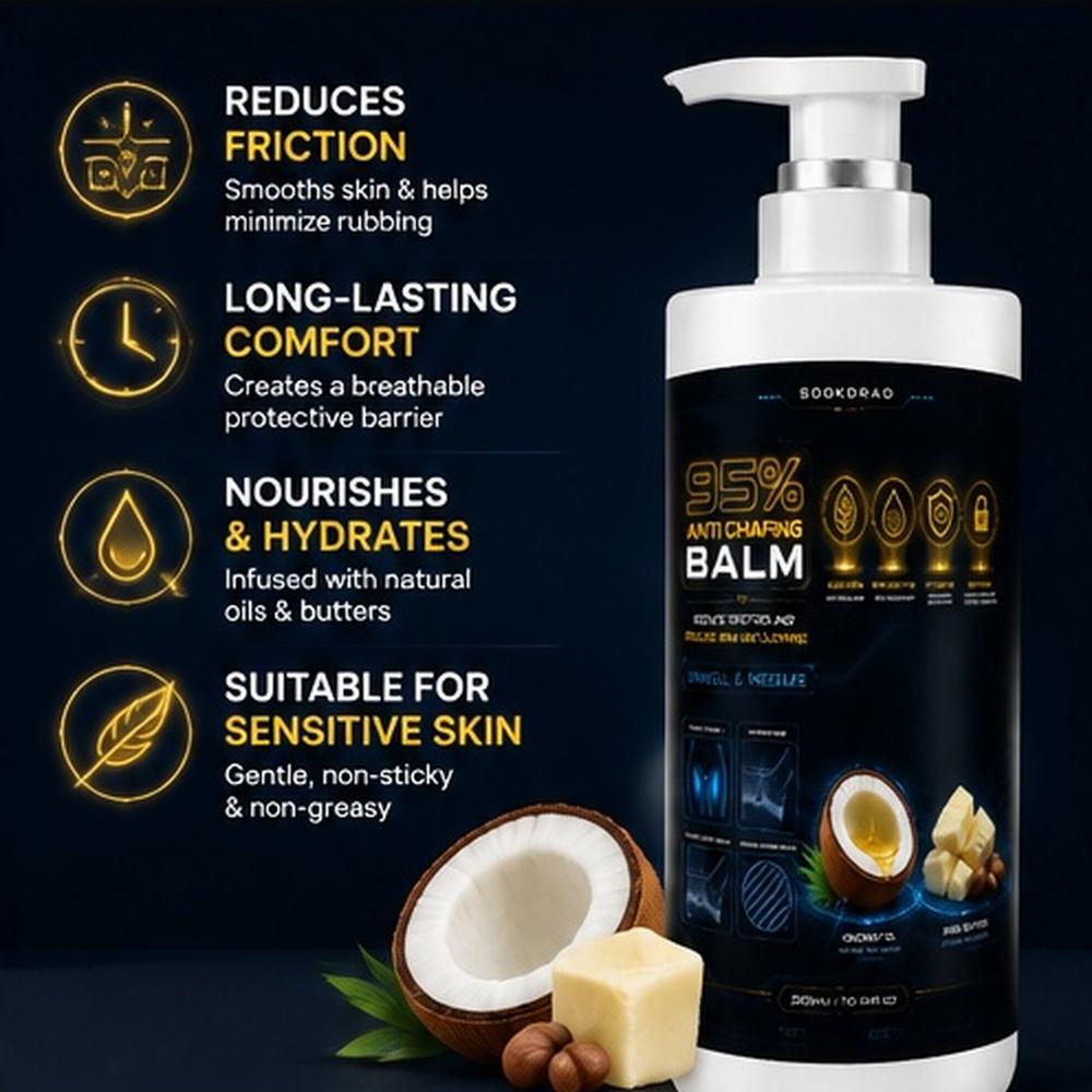 Anti Chafing Balm, coconut oil, shea butter, aloe vera, vitamin E, beeswax, reduce friction, moisturize, inner thighs, underarms, active lifestyle, daily use, all skin types, non-greasy, sweat