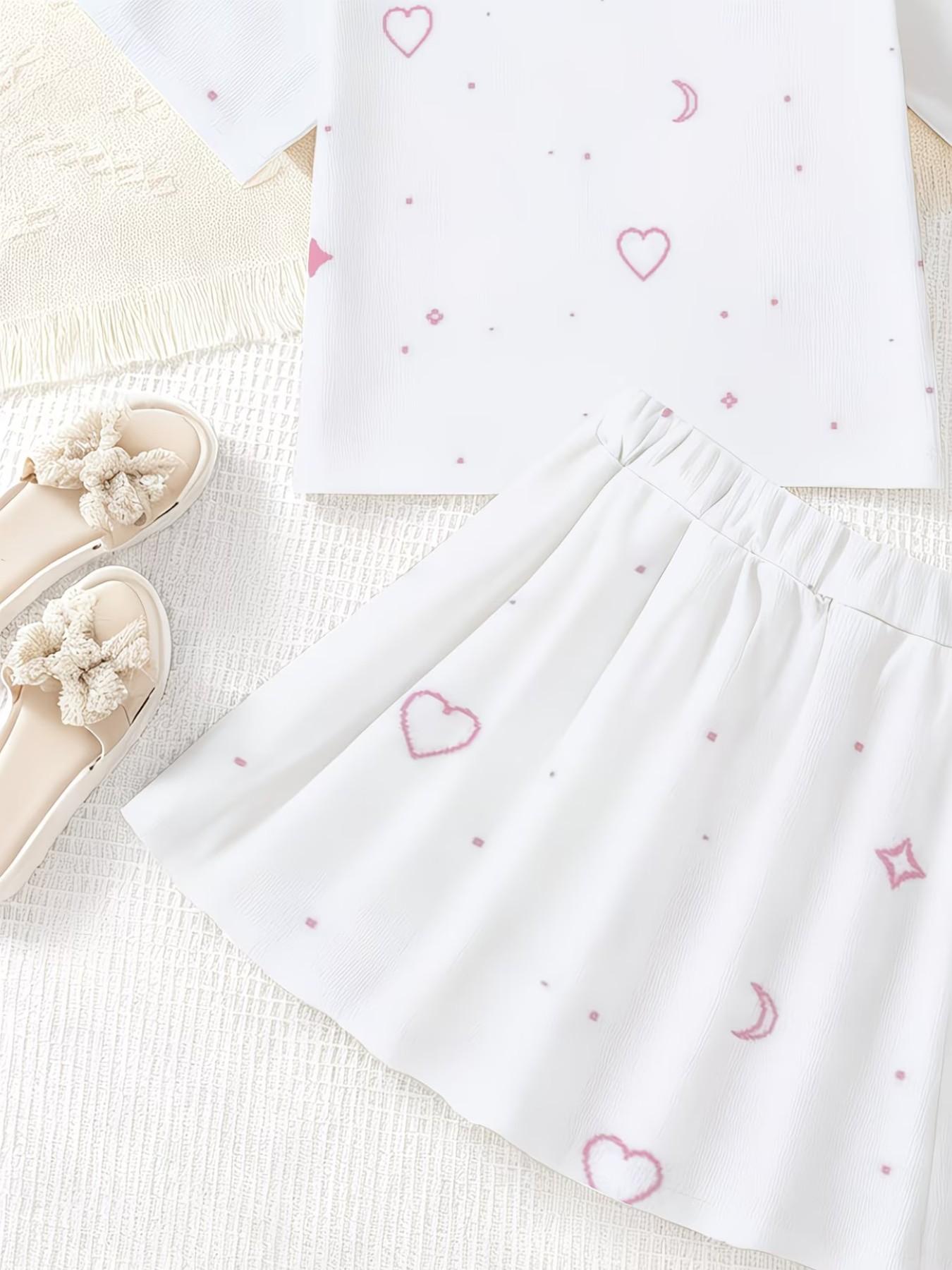 Girls' 3D Cartoon Print Top and Skirt Set, Summer Casual Slim-Fit, Round Neck Short Sleeve, Daily Wear for Kids