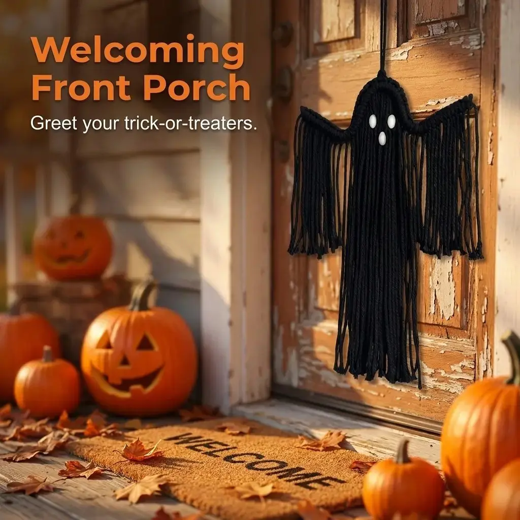Halloween Macrame Ghost Wall Hanging, Handmade Woven Ghost Ornament, Great Halloween Gift & Farmhouse Home Decoration