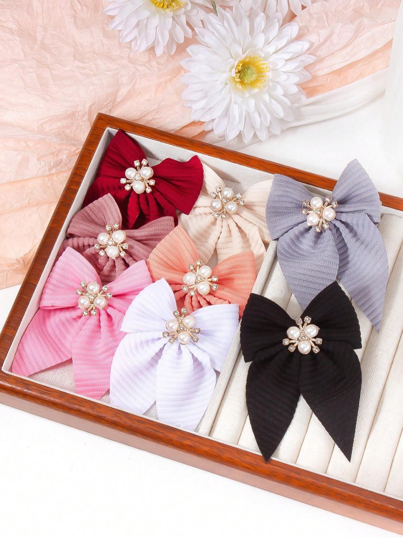 8pcs/Set Girls Solid Color Textured Bow Pearls Crystal, Elegant Princess Hair Accessories Sets For Daily Use