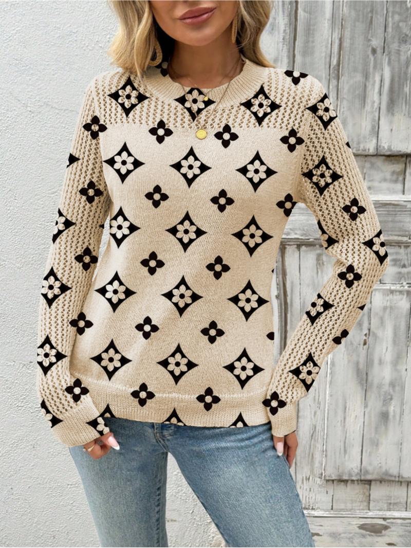 Women's Geometric Print Round Neck Sweater Knitted Top, Casual Long Sleeve Knitwear for Fall Winter, Comfortable Warm Daily Wear