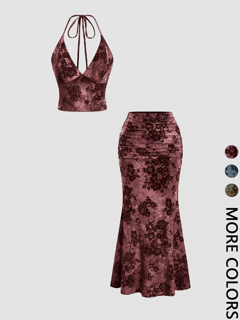 Women's Floral Deep V Neck Crop Top & Fish Tail Skirt Set, Sexy Two-Piece, Back-To-School Fashion, All-Over Print Design