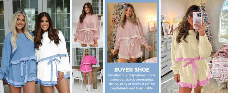 Fisoew Women's 2 Piece Lounge Sets Ruffle Color Block Cropped Sweatshirts Casual Drawstring Shorts Spring Loose Sweatsuits #Springtok #ValentinesDay