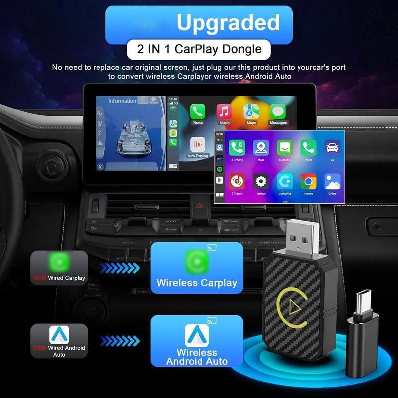 Mini Wireless Carplay Adapter, Carplay Converter, Two-In-One Wireless Carplay Compatible with Android, iOS and iPhone, Car Accessories