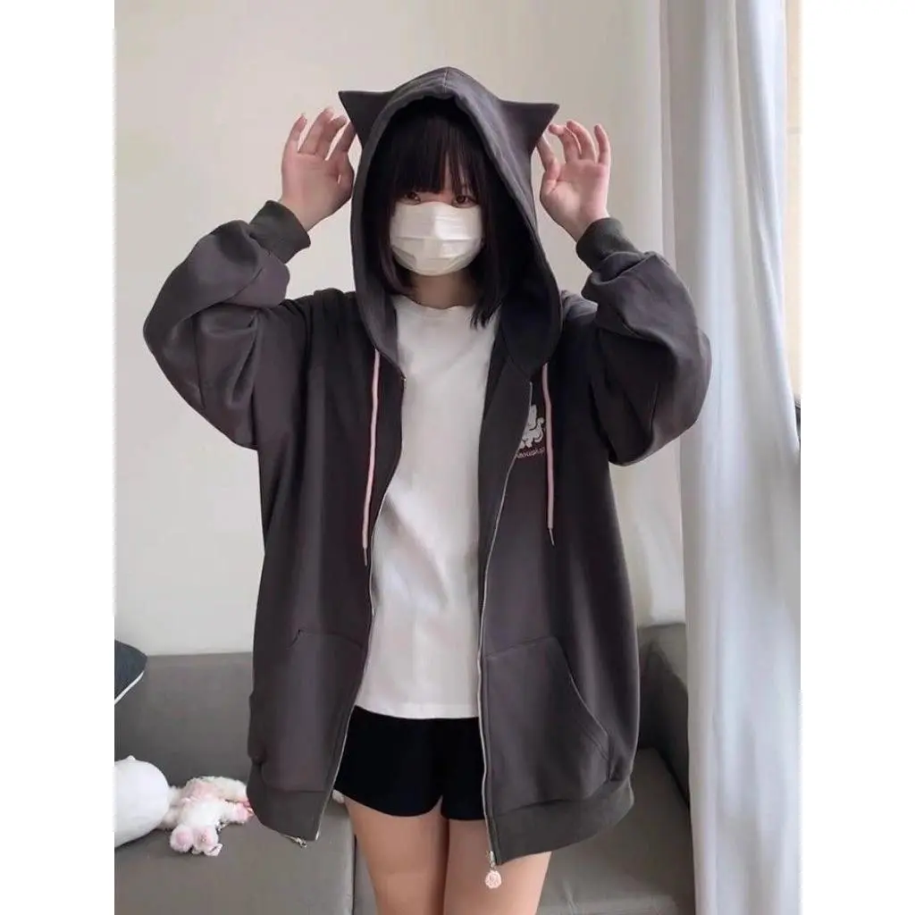 Harajuku Kawaii Coats with Hooded Women Outwear Subculture Long Sleeve Thin Jackets Female Casual Y2k Clothing Korean Fashion