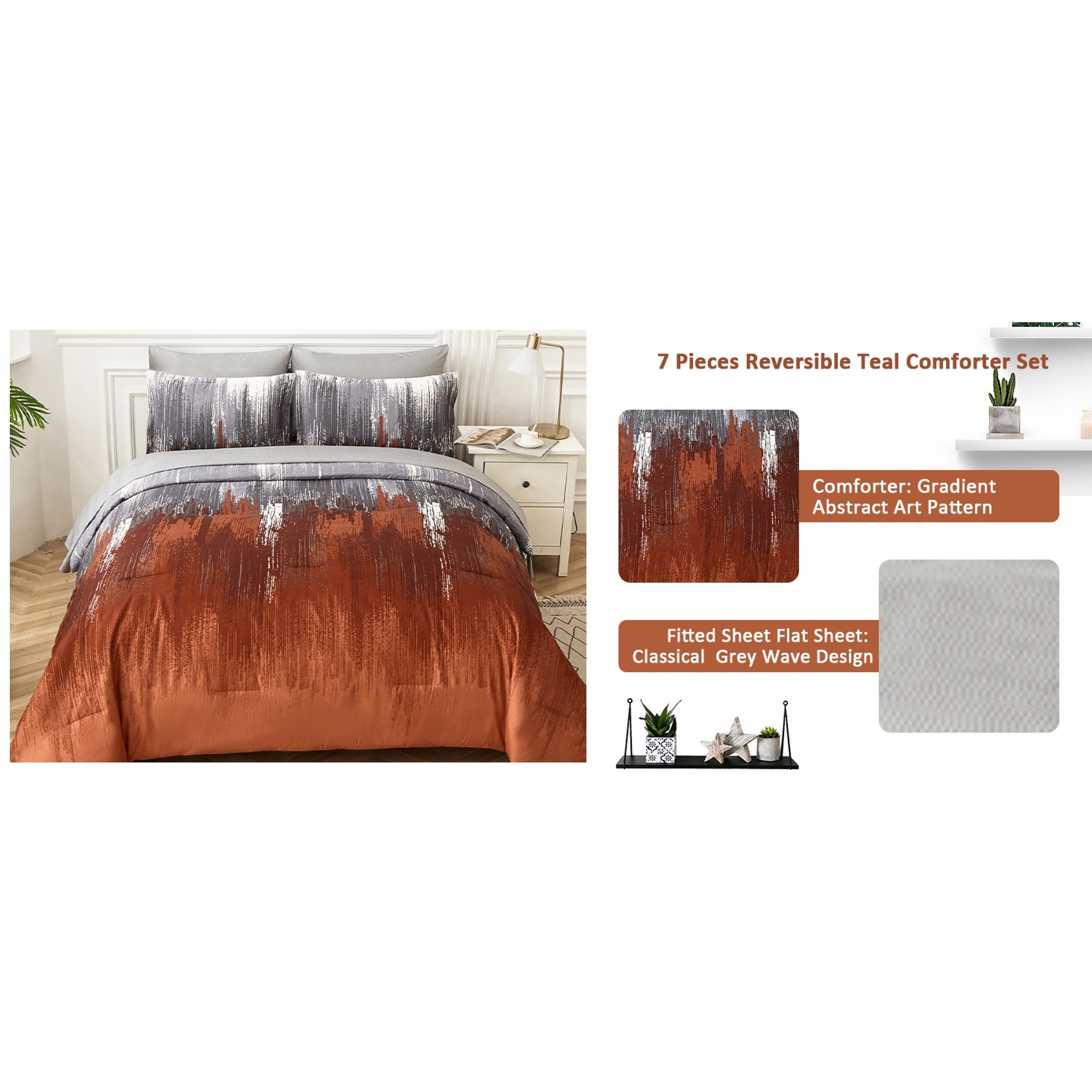 Comforter Set Queen, Burnt Orange 7 Pieces Bed in a Bag Abstract Gradient Terracotta Bedding Set with Comforter, Flat Sheet, Fitted Sheet, Pillow Shams, Pillowcases