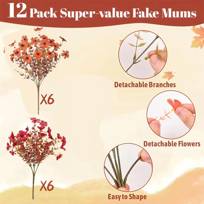 12 Bundles UV Resistant Artificial Fall Flowers for Outdoor - No Maintenance Thanksgiving Decor with Orange Blooms, Vibrant Faux Flowers, Faux Silk & Plastic Plants for Porch, Yard (Fall Coffee Mix)