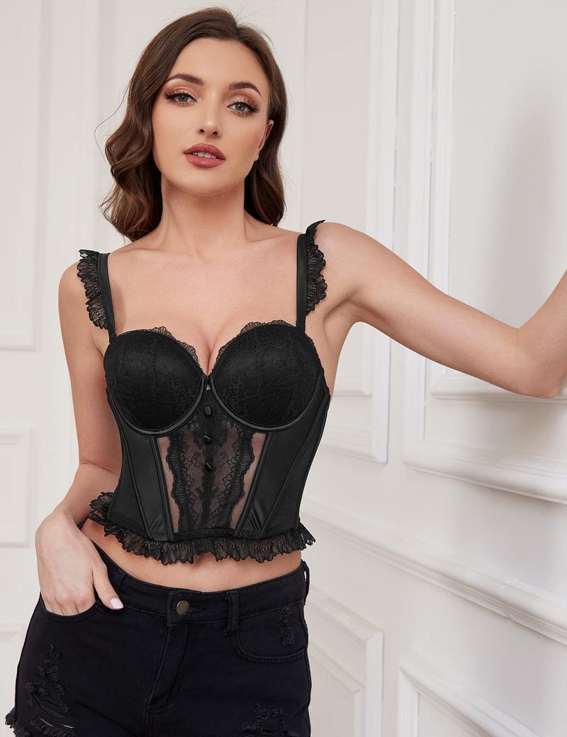 Wingslove Fashion Women's Strapless Bra Longline Lace Bustier Corset Push Up Boned Underwire Sexy Sheer Mesh Lace Trim Low Back Bra