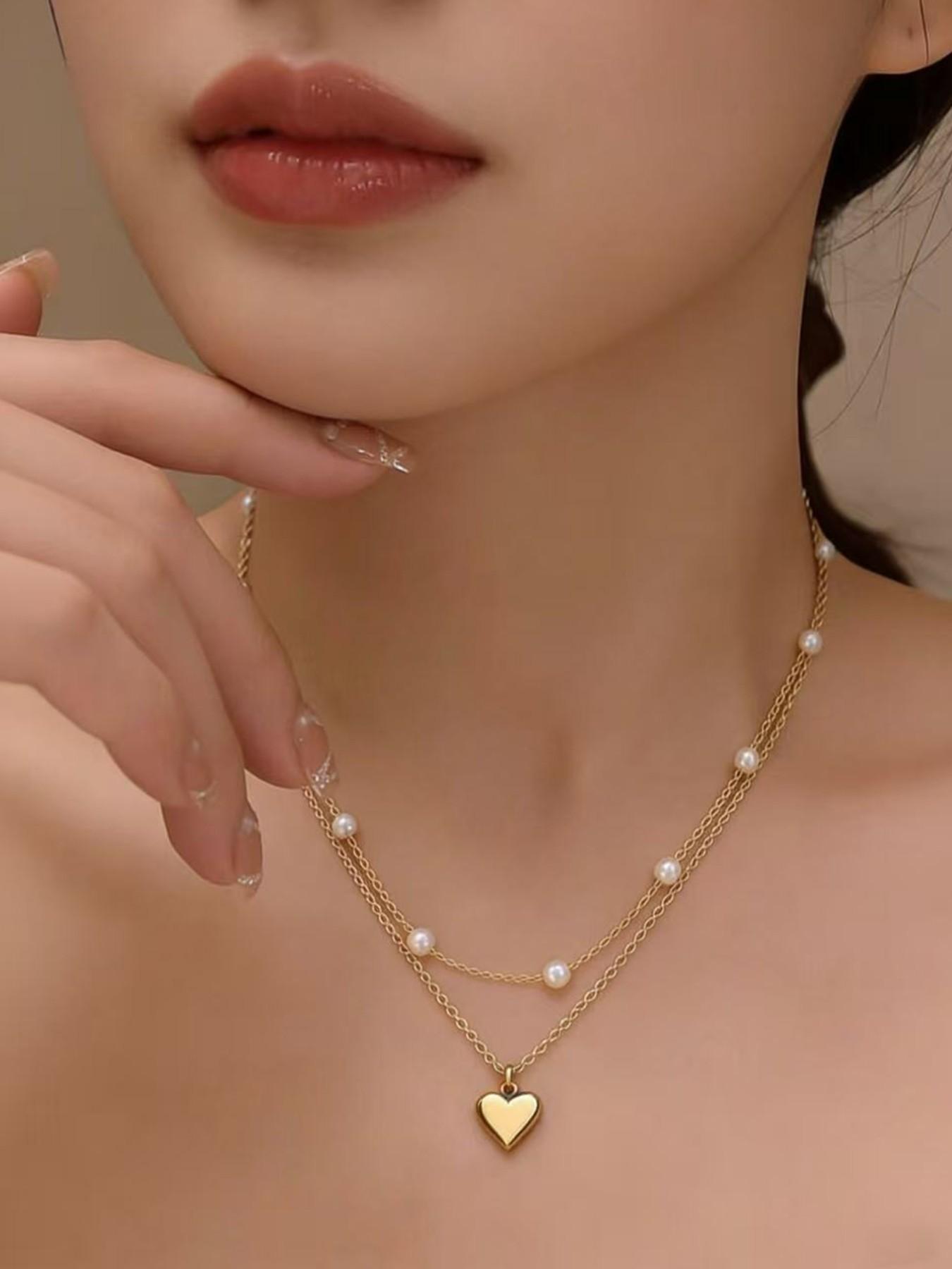 Women's Heart Pendant Necklace & Bracelet Set, Dainty Layered Chain with Pearl Beads, Elegant Romantic Jewelry Gift