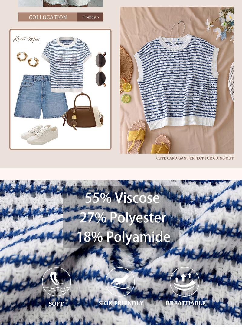 Women's Striped Knitted Vest Top, Round Neck Cap Sleeve Casual Loose Fit, Elegant Summer Fashion, Versatile Women's Knitwear