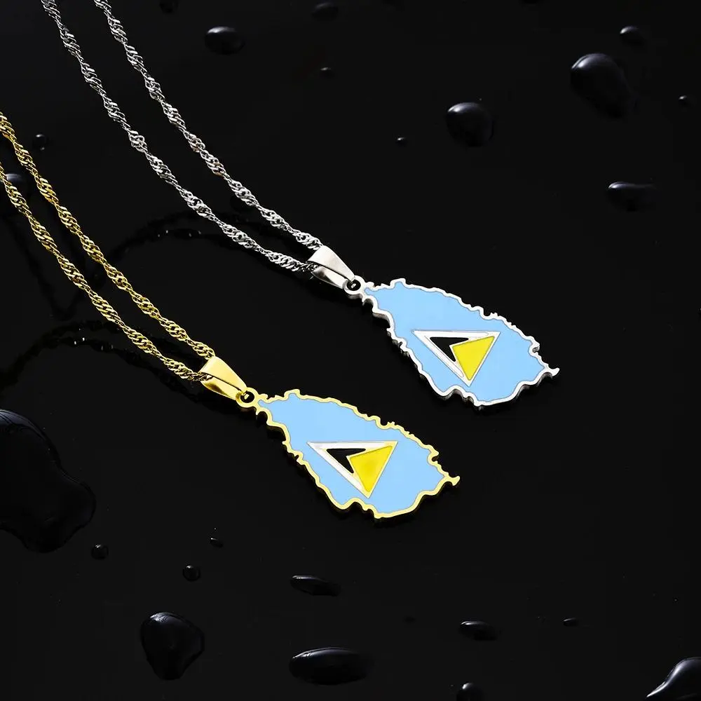 Fashion Saint Lucia Island Map Flag Pendant Necklace Stainless Steel for Men Women St. Lucia Jewelry Gift