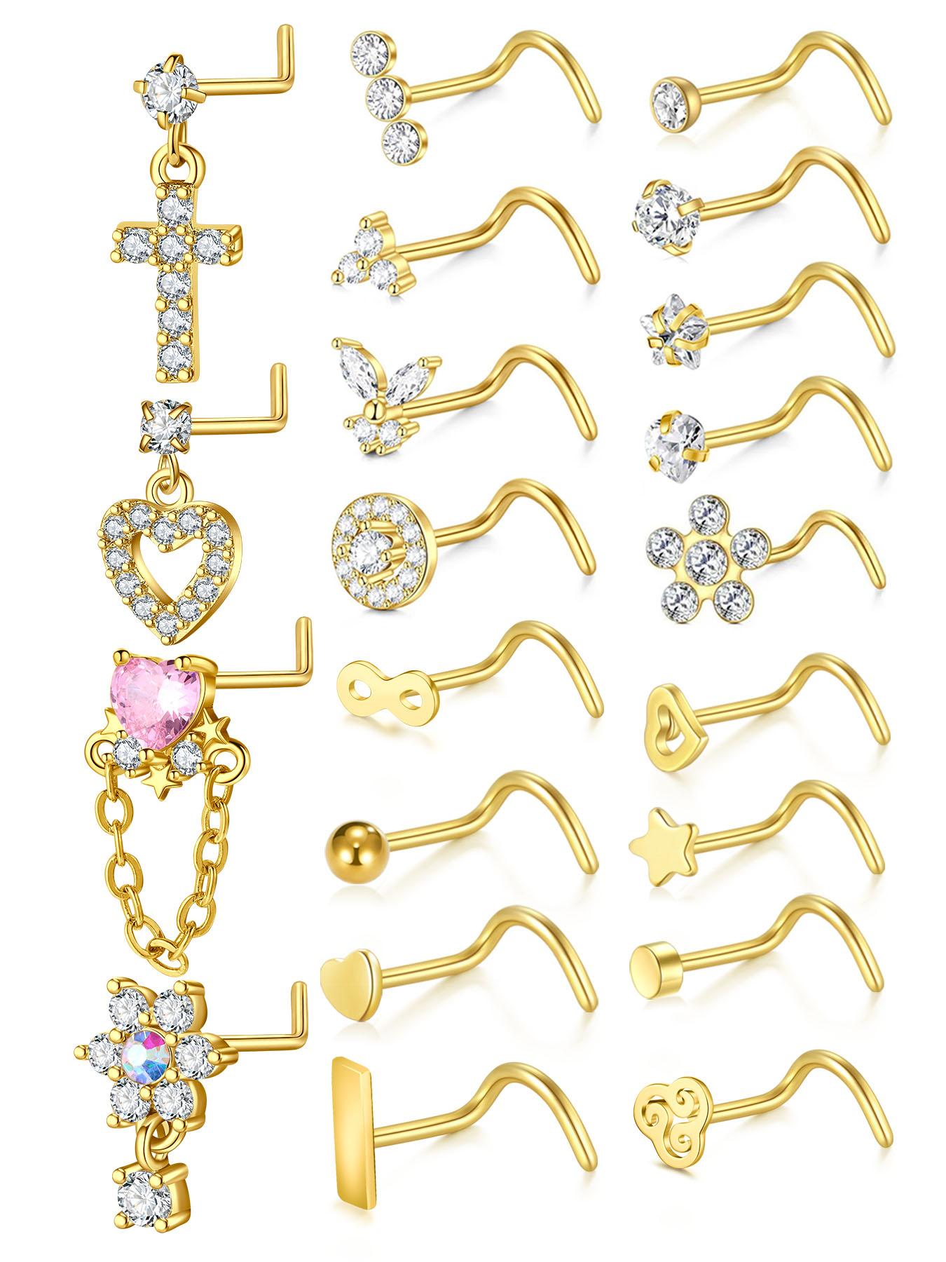 Rhinestone Decorated L-shaped Nose Rings, Spiral Nose Ring, Heart & Cross & Butterfly & Flower Design Nose Studs, Body Piercing Charm Jewelry for Women & Men, Nose Ring Jewelry, Septum Jewelry, Nose Piercings Kit