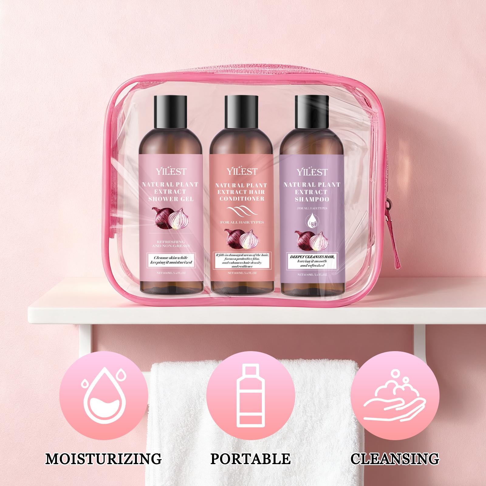 Onion Shower Hair Care Travel Three-Piece Set, Plant Extract Trio (Shampoo/Conditioner/Body Wash) + Strengthens Hair Lightweight Volume + Refreshing Hydration, Travel Portable Kit Suitable For All Hair And Skin Types
