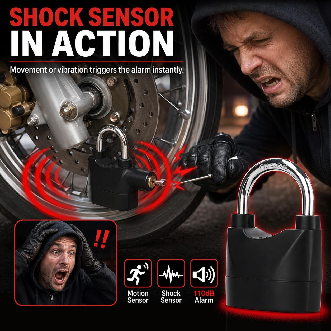 110dB Loud Alarm Padlock with 3 Keys, Outdoor Stainless Steel Door Lock, High-Security Hanging Lock for Garage Doors, Fence Gates, Tool Boxes and Storage Units