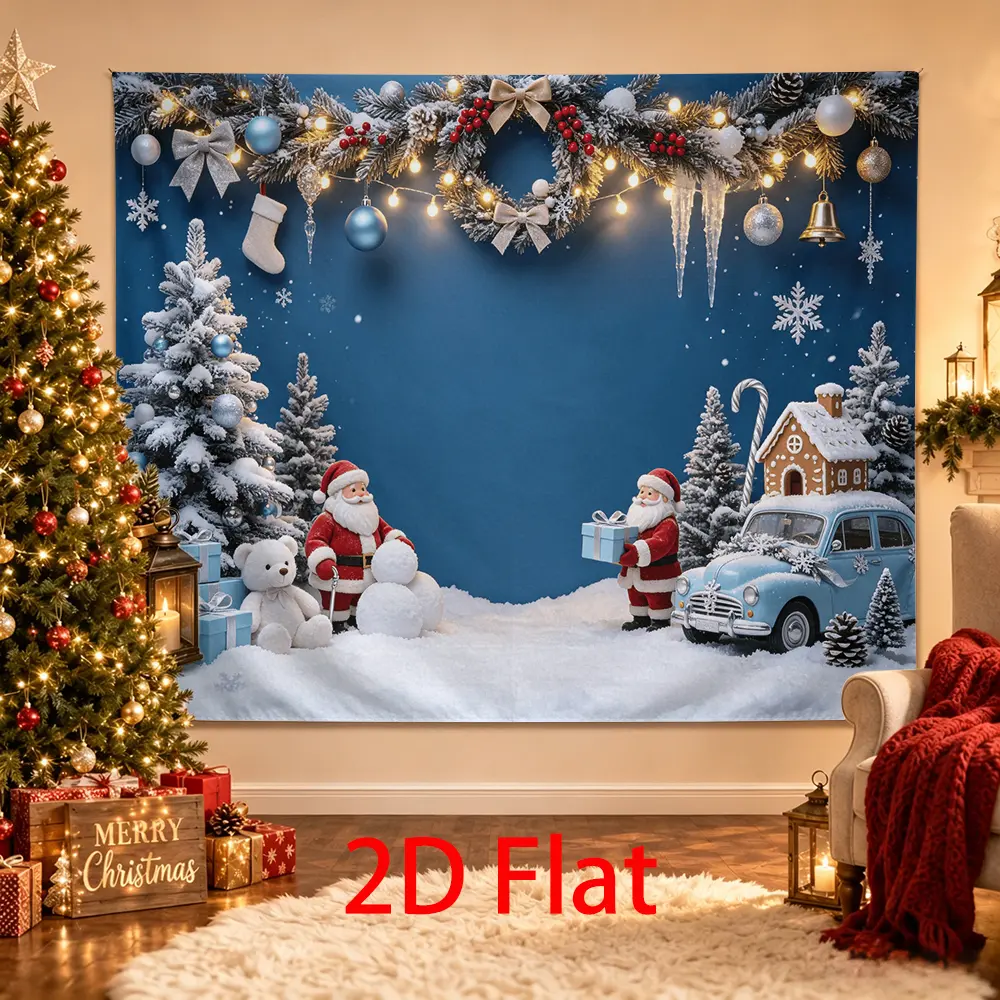 Blue Christmas Backdrop Santa Snowy Trees Vintage Car Gifts Photo Background