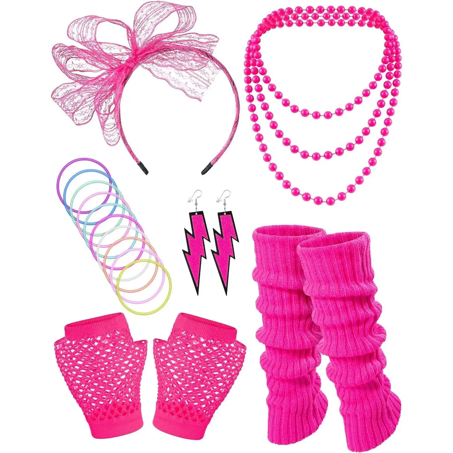 80s Fancy Dress Costume Accessories Set - Headband, Earrings, Fishnet Gloves, Necklace, Bracelet, Leg Warmers, Party OutfitGift