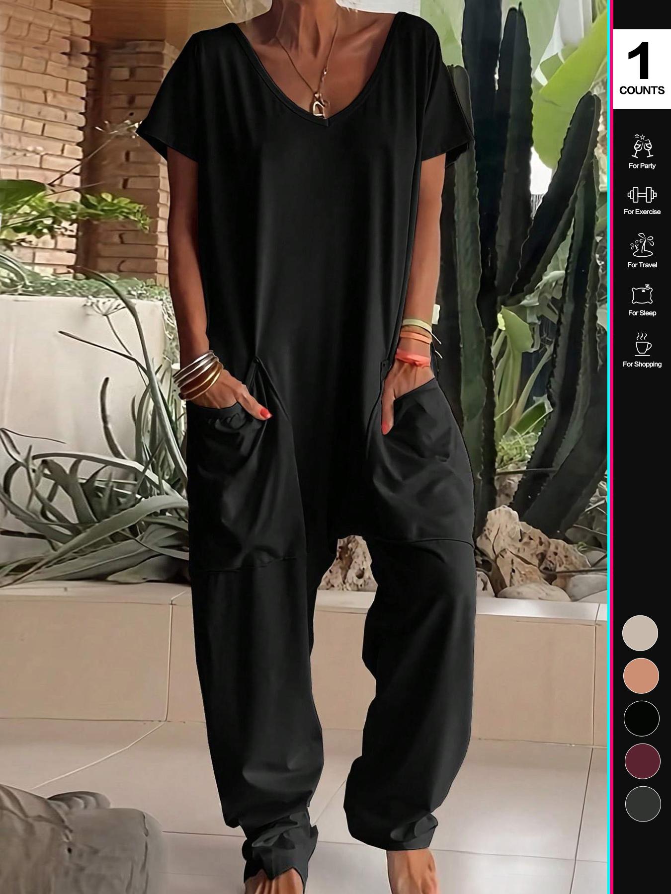 2026 Women's Casual Jumpsuit, Short-Sleeve V-Neck Harem Pants, Loose Fit Wide Leg, Perfect for All Seasons, Stylish & Comfortable