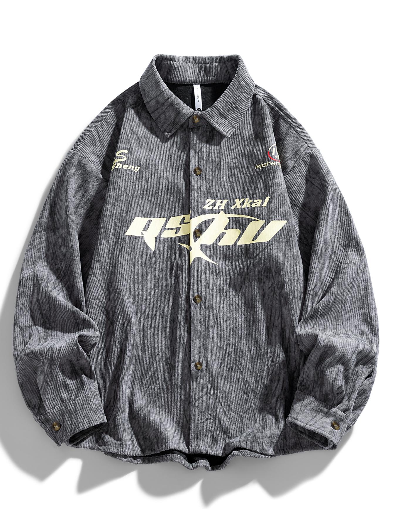 Shirt Jacket For Men American Vintage Casual Fashion Racing Style Letter Print Trendy Top