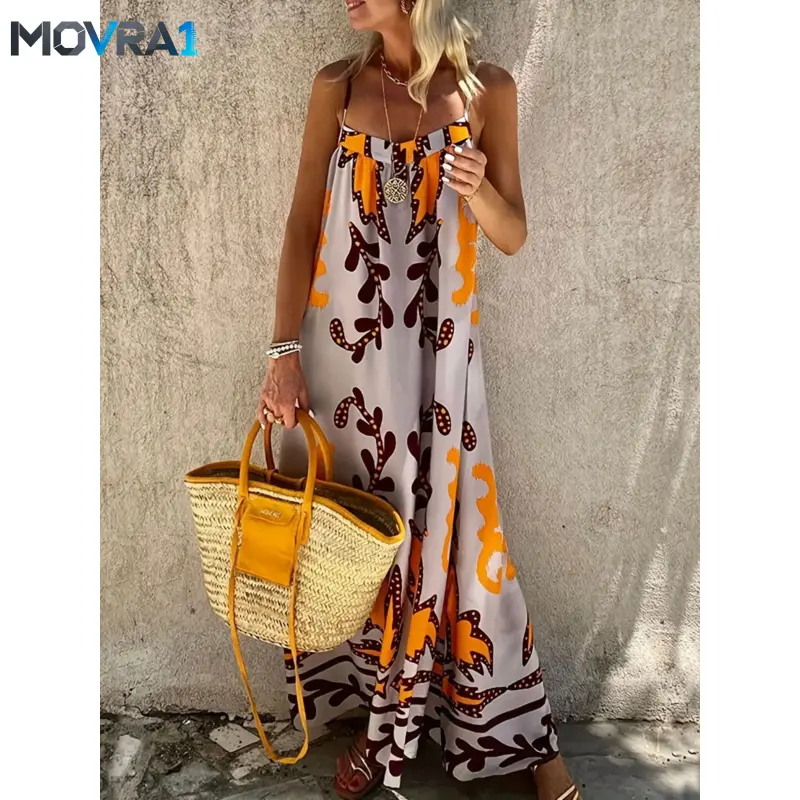 MOVRA1 Backless Dress, Spaghetti Strap Sleeveless Vacation Style Casual Boho Chic Long Print Dress, Bohemian Boho Flowy Attire Fashion Casual Ethnic Aesthetic Vibe Womenswear Dress, Perfect Beach Travel, Boho Beach Sundresses