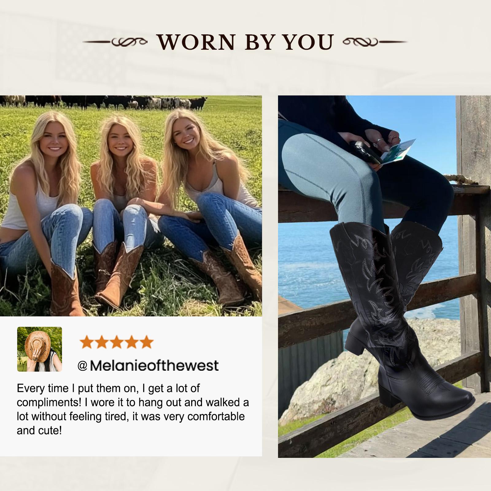 IUV Cowboy Boots For Women Knee High Boots Pointy Toe Women's Western Boots Side Zipper Chunky Heel Cowgirl Boots