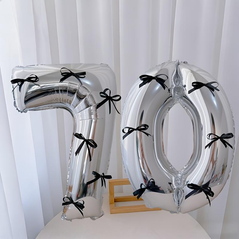 15pcs black bow style silver aluminum foil balloon set, including 2 balloons, 12 black bows and glue, suitable for birthday parties, Birthday decorations, graduation ceremony decoration and photo props